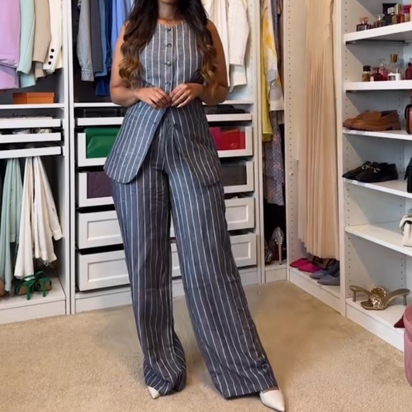 H&M Edition Navy-Blue/Striped Linen Blend Pants - Picture 9 of 10